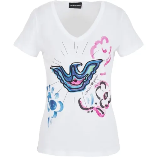 T-Shirt mit Grafikdruck und V-Ausschnitt , Damen, Größe: S - Emporio Armani - Modalova