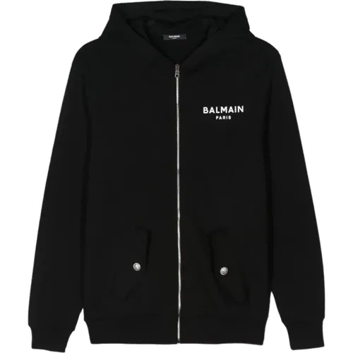 Logo-Print-Baumwoll-Hoodie mit durchgehendem Reißverschluss - Balmain - Modalova