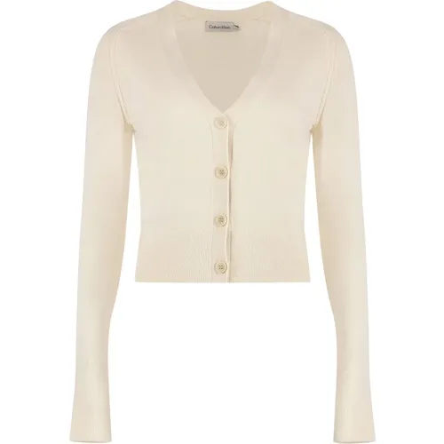 Merinowolle V-Ausschnitt Cardigan , Damen, Größe: M - Calvin Klein - Modalova