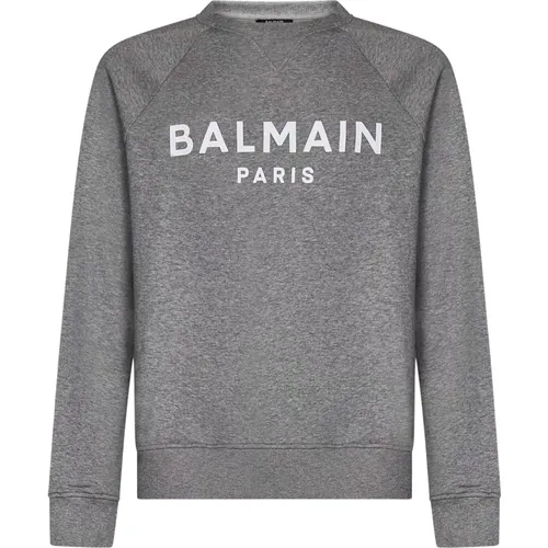Grey Ribbed Sweater with Contrasting Logo , male, Sizes: M, XL, L - Balmain - Modalova