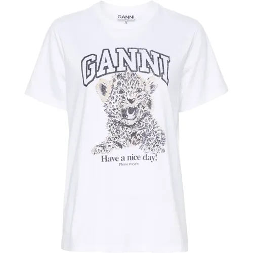 Leopardenmuster Grafik T-Shirt,Besticktes Logo Baumwoll T-shirt MultiFarbe - Ganni - Modalova