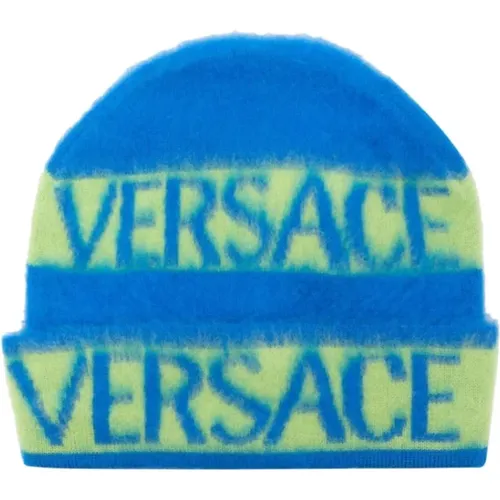 Striped Logo Beanie for Men , male, Sizes: L - Versace - Modalova