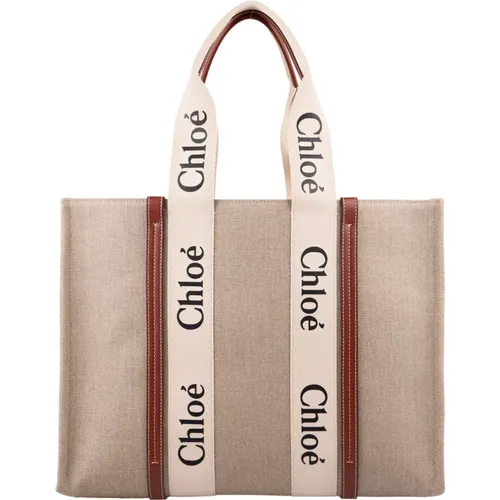 Woody Medium Shopping Bag with Leather Stripes , female, Sizes: ONE SIZE - Chloé - Modalova