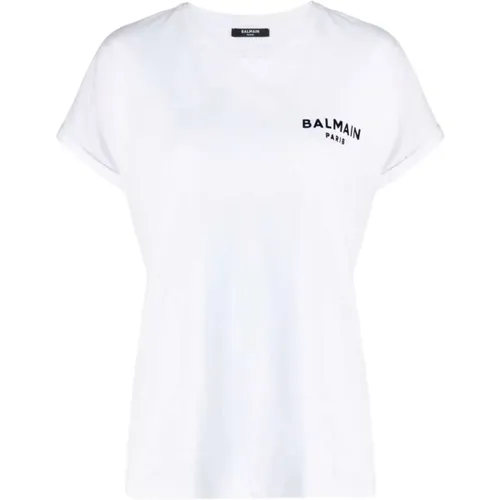 Weißes Baumwoll-T-Shirt mit Flock-Logo - Balmain - Modalova