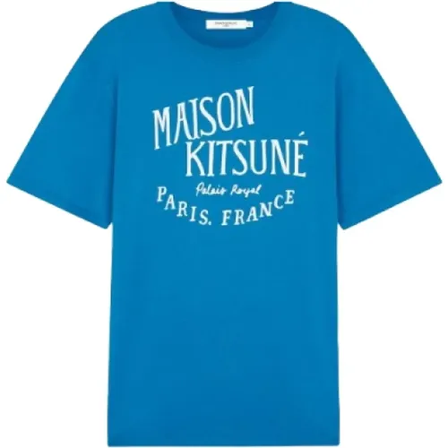 Blauer Splash Logo Baumwoll T-shirt , Herren, Größe: M - Maison Kitsuné - Modalova