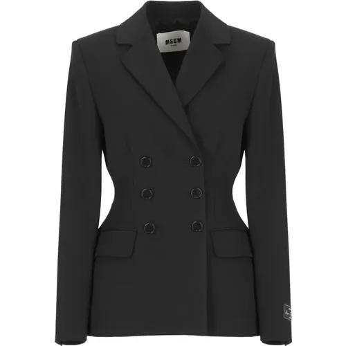 Schwarzer Wollmischung Doppelreihiger Blazer - MSGM - Modalova