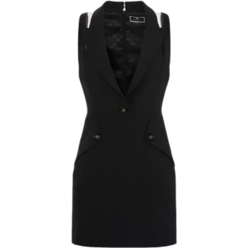 Schwarzes Dinner Jacket Kleid mit Netzschulter , Damen, Größe: L - Elisabetta Franchi - Modalova