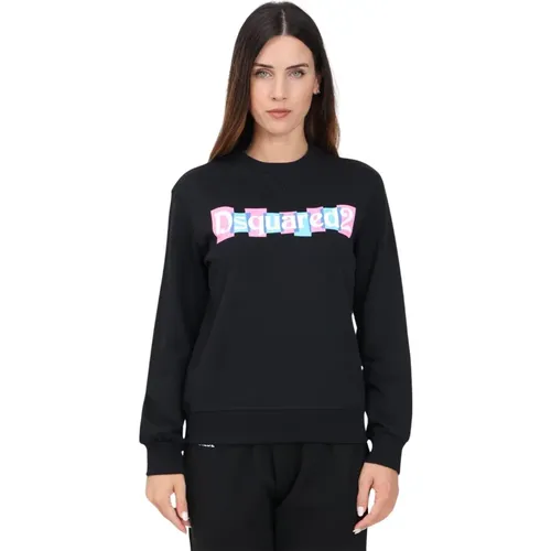 Schwarzer Crewneck Sweatshirt mit Farbigem Logo-Druck , Damen, Größe: M - Dsquared2 - Modalova