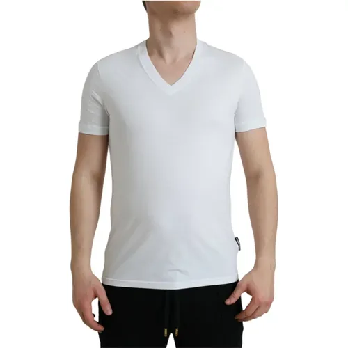 Weißes Baumwoll V-Ausschnitt Kurzarm T-Shirt - Dolce & Gabbana - Modalova