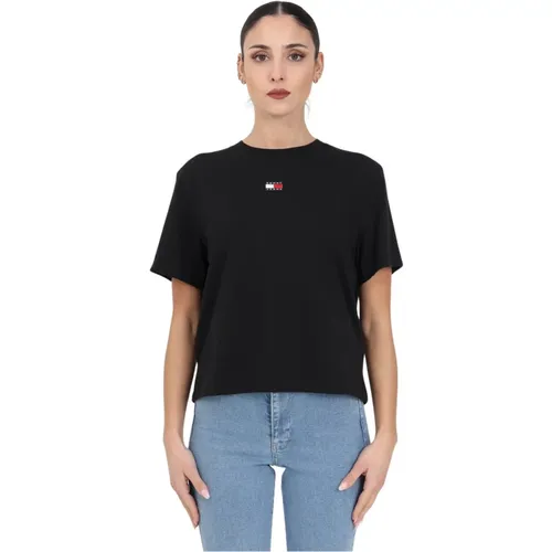 Crop T-Shirt für Damen, Schwarz, Besticktes Logo , Damen, Größe: M - Tommy Jeans - Modalova