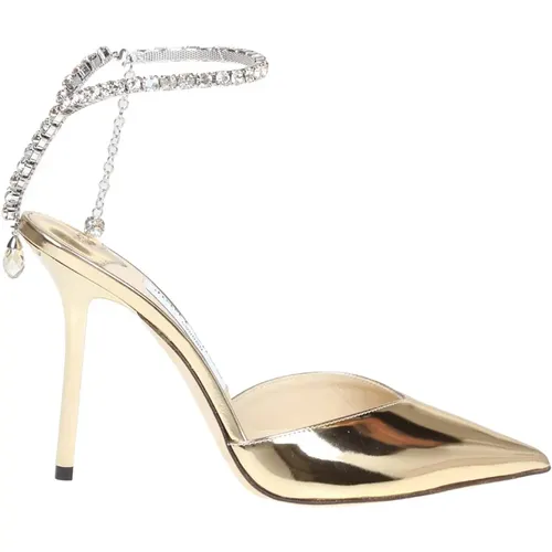 Gold Metallic Leather Pointed Decollete with Crystal Ankle Strap , female, Sizes: 4 1/2 UK - Jimmy Choo - Modalova