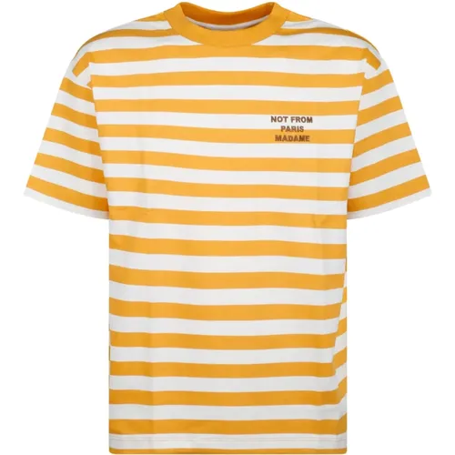 Striped Slogan T-shirt in Ochre and Yellow , male, Sizes: M - Drole de Monsieur - Modalova