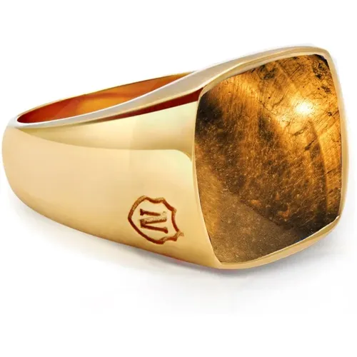 Men's Gold Signet Ring with Brown Tiger Eye , male, Sizes: 68 MM, 64 MM, 62 MM, 66 MM, 56 MM, 60 MM, 58 MM - Nialaya - Modalova