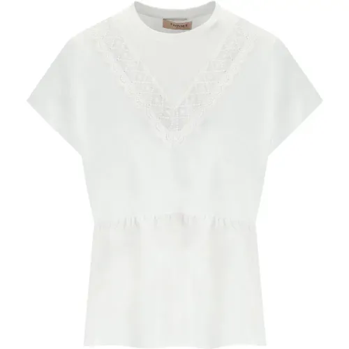 Weißes T-Shirt mit Rüschen-Spitze , Damen, Größe: M - Twinset - Modalova
