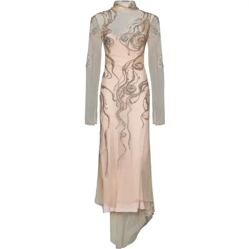 Nude Tulle Dress with Embroidered Crystals , female, Sizes: XS, S - Amen - Modalova