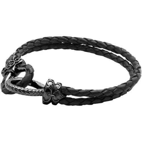Men's Leather Bracelet With Rhodium Hook Clasp , male, Sizes: M - Nialaya - Modalova