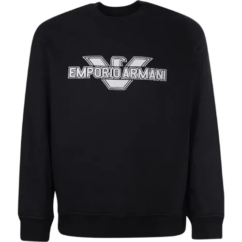 Schwarzer Sweatshirt mit Maxi Patch Logo Adler und Logo Schrift - Emporio Armani - Modalova
