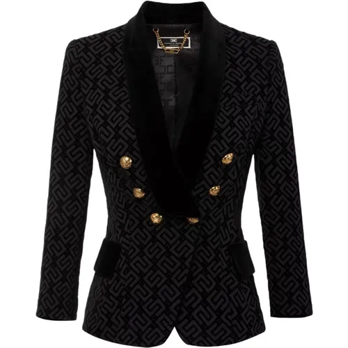 Schwarze Doppelreiher-Jacke mit Logo-Print - Elisabetta Franchi - Modalova