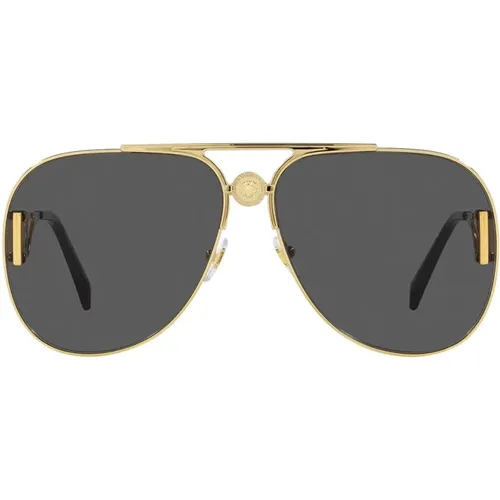 Gold Metal Pilot Sunglasses with Dark Grey Lenses , unisex, Sizes: 63 MM - Versace - Modalova