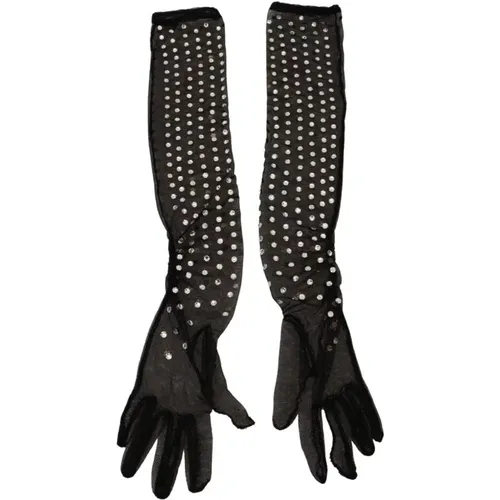 Kristallverzierte Mesh-Handschuhe Schwarz Baumwolle Italien - Dolce & Gabbana - Modalova