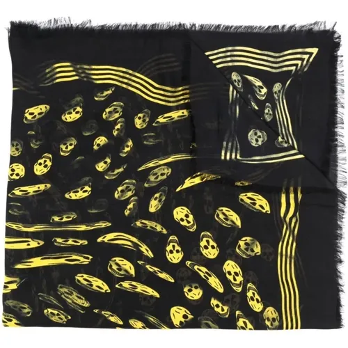 Gelber Skull Print Modal Schal mit gestreiftem Rand , Herren, Größe: ONE Size - alexander mcqueen - Modalova