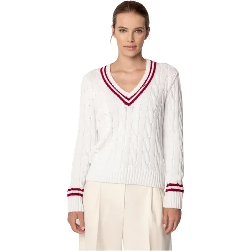 V-Ausschnitt Zopfmuster Damen Pullover , Damen, Größe: M/L - Bizuu - Modalova