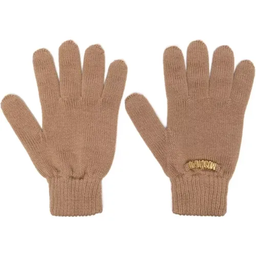 Braune Wollstrickhandschuhe mit Goldlogo - Moschino - Modalova