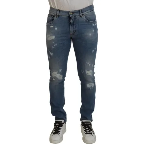 Blaue Slim Fit Zerrissene Denim Jeans , Herren, Größe: XL - Dolce & Gabbana - Modalova