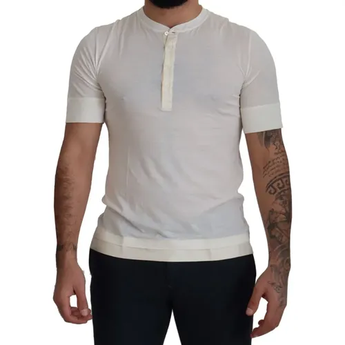 Weißes Kurzes Crewneck T-Shirt mit Knopfverschluss , Herren, Größe: M - Dolce & Gabbana - Modalova