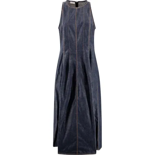 Cotton Denim Dress with Pleat Detailing , female, Sizes: L - BRUNELLO CUCINELLI - Modalova