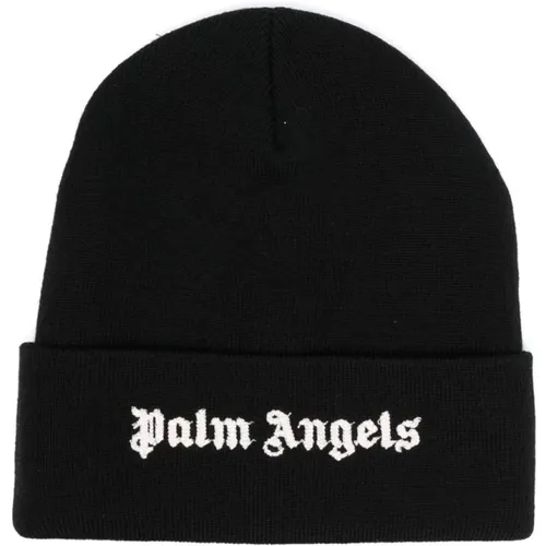 Schwarze Strickmütze mit weißem Logo - Palm Angels - Modalova