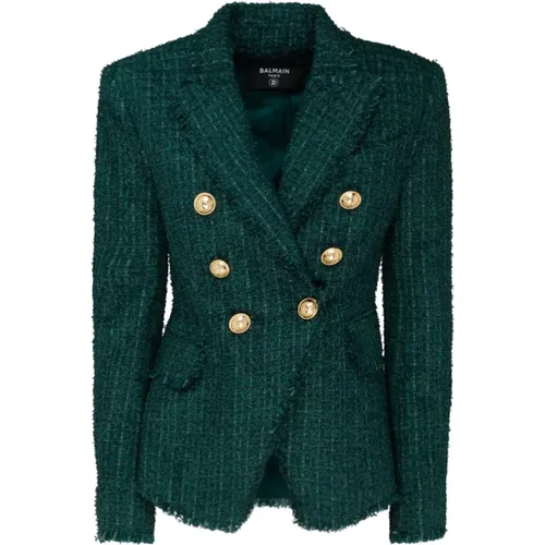 Grün-Schwarze Wollmischung Tweed Jacke,Tweedjacke mit 6 Knöpfen - Balmain - Modalova