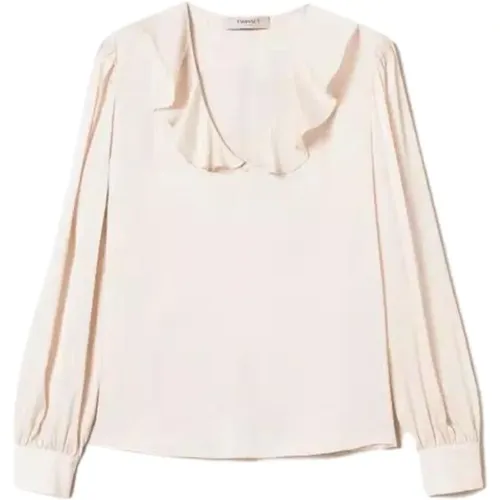 Ruffle V-Neck Satin Shirt , Damen, Größe: L - Twinset - Modalova