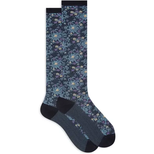 Lange blaue Socken für Damen mit blattartigem Blumenmotiv , Damen, Größe: S - Gallo - Modalova