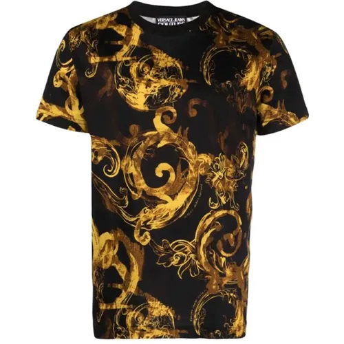 Black Baroque Golden Motif Cotton T-shirt , male, Sizes: M, S, L - Versace Jeans Couture - Modalova