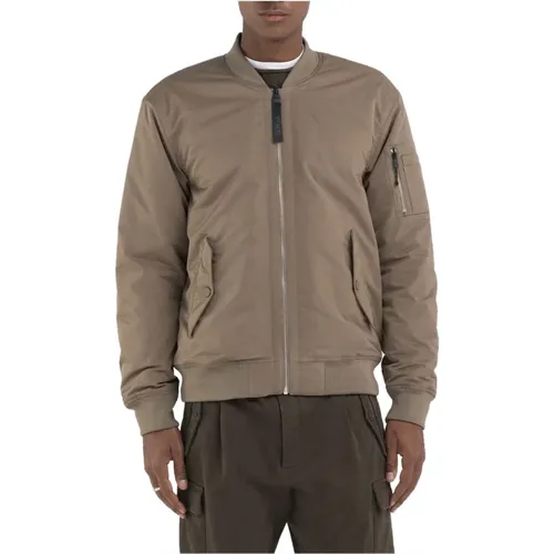 Beige Satin Rippjacke mit Reißverschluss , Herren, Größe: M - Replay - Modalova