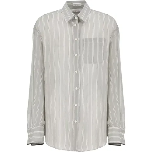 Striped Grey Shirt with Collar and Brass Details , female, Sizes: M, XS, S - BRUNELLO CUCINELLI - Modalova