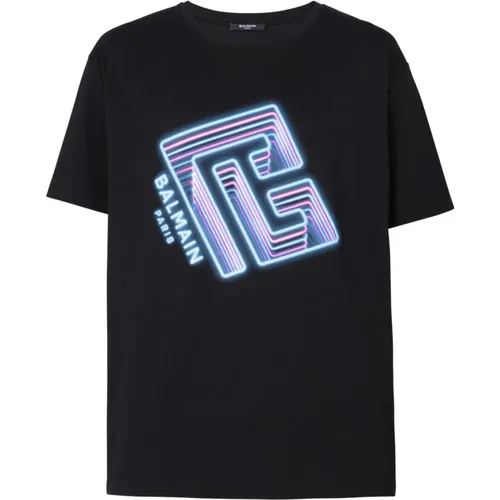 Neon Logo Baumwoll T-shirt,T-hirt mit Neon Logo-Print - Balmain - Modalova
