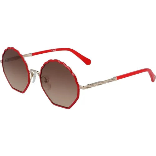 Rot/Gold Sonnenbrille mit Braunem Verlaufsglas , Damen, Größe: 48 MM - Chloé - Modalova