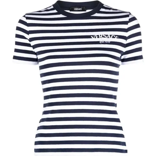 Maritime Streifen Logo T-Shirt , Damen, Größe: S - Versace - Modalova