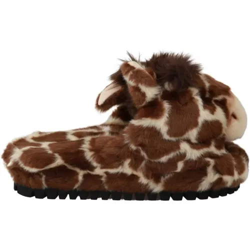 Braune Giraffenmuster Slides Hausschuhe , Damen, Größe: 35 EU - Dolce & Gabbana - Modalova