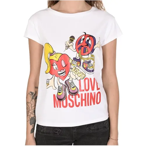 Weißes Baumwoll-Spandex T-Shirt , Damen, Größe: M - Love Moschino - Modalova