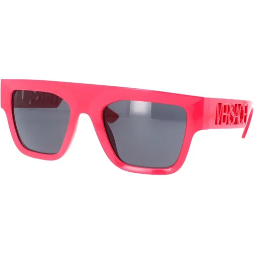 Rechteckige Sonnenbrille mit dunkelgrauer Linse und fuchsia Rahmen - Versace - Modalova