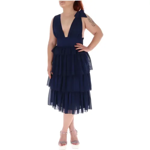 Blaues V-Ausschnitt Kleid mit Reißverschluss - Relish - Modalova