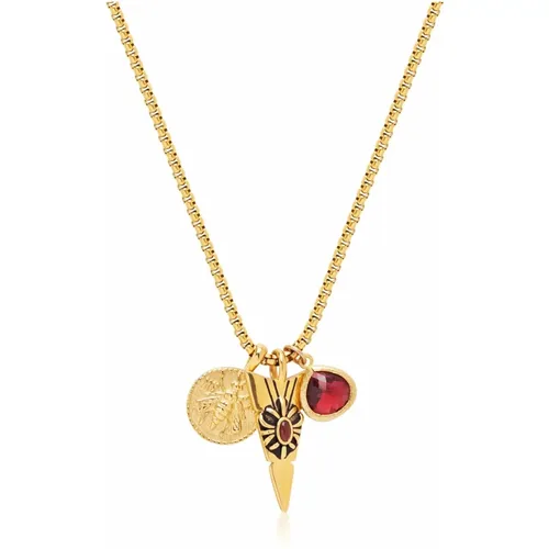 Men's Golden Talisman Necklace with Arrowhead, Red Ruby CZ Drop and Bee Pendant , male, Sizes: M, 2XL - Nialaya - Modalova