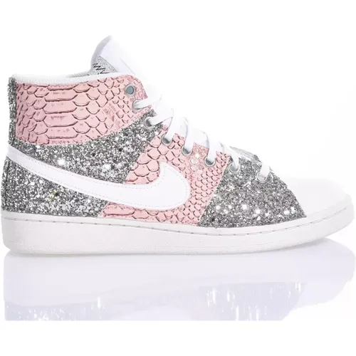 Handmade Silver White Pink Sneakers , female, Sizes: 5 1/2 UK, 11 UK, 7 UK, 9 UK, 5 UK, 3 1/2 UK, 7 1/2 UK, 10 UK, 9 1/2 UK, 6 UK, 8 UK - Nike - Modalova