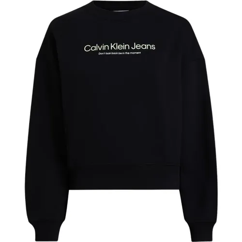 Schwarzer Baumwoll-Sweatshirt Rundhalsausschnitt Langarm , Damen, Größe: L - Calvin Klein - Modalova