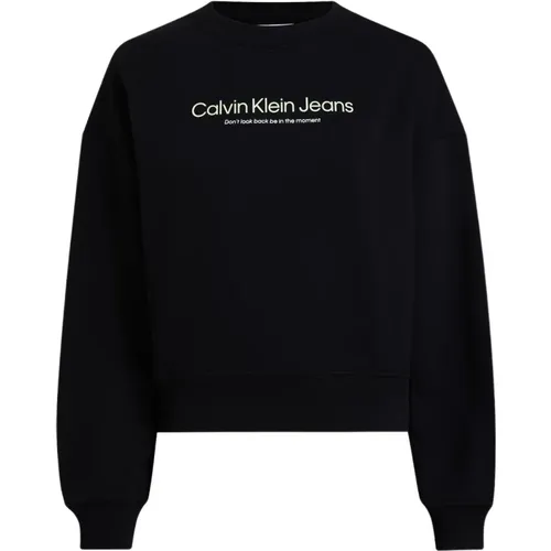 Schwarzer Baumwoll-Sweatshirt Rundhalsausschnitt Langarm , Damen, Größe: S - Calvin Klein - Modalova