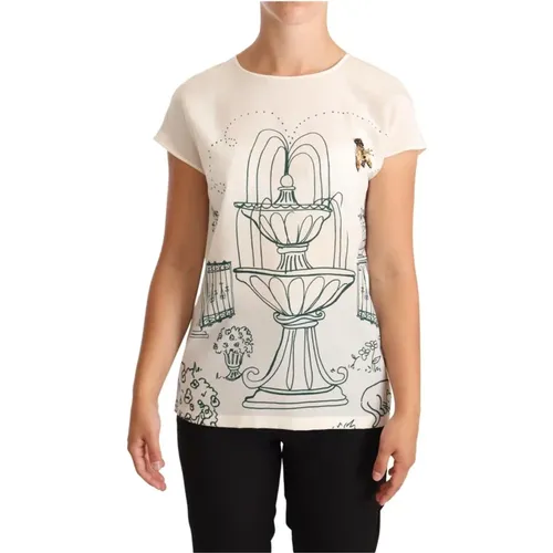 Weiße Seiden Gartenbrunnen T-Shirt Bluse , Damen, Größe: 3XS - Dolce & Gabbana - Modalova
