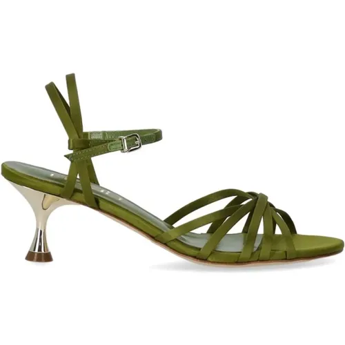 Grüne Satin Sandale mit Absatz , Damen, Größe: 40 EU - Ncub - Modalova